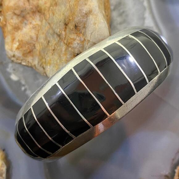 Signed Vintage Native American Sterling Channel Onyx Inlay Bracelet For Women - Picture 1 of 10